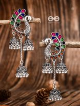 The Enamelled Peacocks Triple Jhumki Statement Earrings - Blue-Pink-Green-Brown