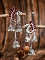 The Enamelled Peacocks Triple Jhumki Statement Earrings - Maroon-Brown