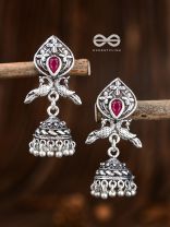 The Twin Peacock Artwork Jhumkis (Ruby Red) - Embellished Oxidised Collection