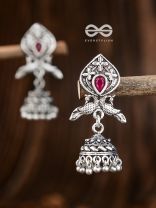 The Twin Peacock Artwork Jhumkis (Ruby Red) - Embellished Oxidised Collection