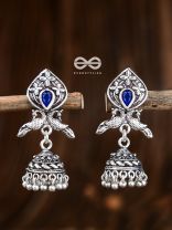 The Twin Peacock Artwork Jhumkis (Sapphire Blue) - Embellished Oxidised Collection