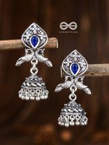 The Twin Peacock Artwork Jhumkis (Sapphire Blue) - Embellished Oxidised Collection