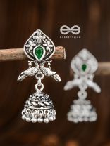 The Twin Peacock Artwork Jhumkis (Emerald Green) - Embellished Oxidised Collection