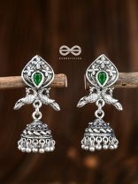 The Twin Peacock Artwork Jhumkis (Emerald Green) - Embellished Oxidised Collection
