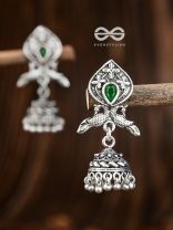 The Twin Peacock Artwork Jhumkis (Emerald Green) - Embellished Oxidised Collection