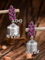 The Olive Branch Intricate Drum Jhumkis - Ruby Red- The Embellished Oxidised Collection