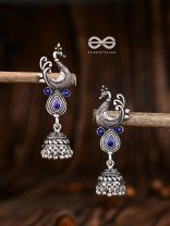 The Dangling Peacock Jhumkis (Sapphire Blue) - The Embellished Oxidised Collection