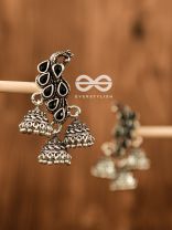The Elegant Triple Jhumki Peacocks (Onyx Black) - Embellished Oxidised Collection