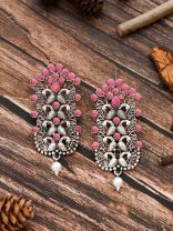 The Pretty Peacock Artwork - Oxidised Boho Earrings - Pink