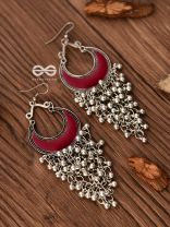 The Enamelled Moon Jhaalar (Red) - Oxidised Boho Earrings
