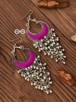 The Enamelled Moon Jhaalar (Pink) - Oxidised Boho Earrings