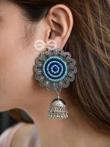 The Beaded Bohemian Flower Jhumkas (Blue) - Embroidered Oxidised Collection
