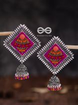 The Beaded Bohemian Square Jhumkas(Orange-Pink) - Embroidered Oxidised Collection