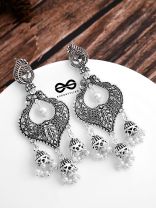 The Intricate Peacock Triple Jhumkis - Oxidised Boho Earrings