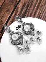 The Intricate Peacock Triple Jhumkis - Oxidised Boho Earrings