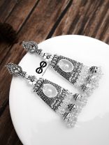 An Intricate Peacock Artwork Triple Jhumkis - Oxidised Boho Earrings