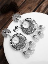 The Intricate Peacock Sun Triple Jhumkis - Oxidised Boho Earrings