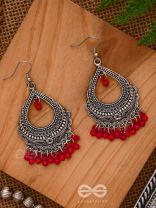 The Intricate Motif Drops - Oxidised Boho Earrings - Red