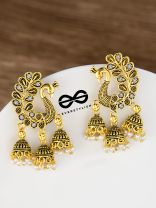 The Golden Peacock Triple Jhumkis - Oxidised Boho Earrings
