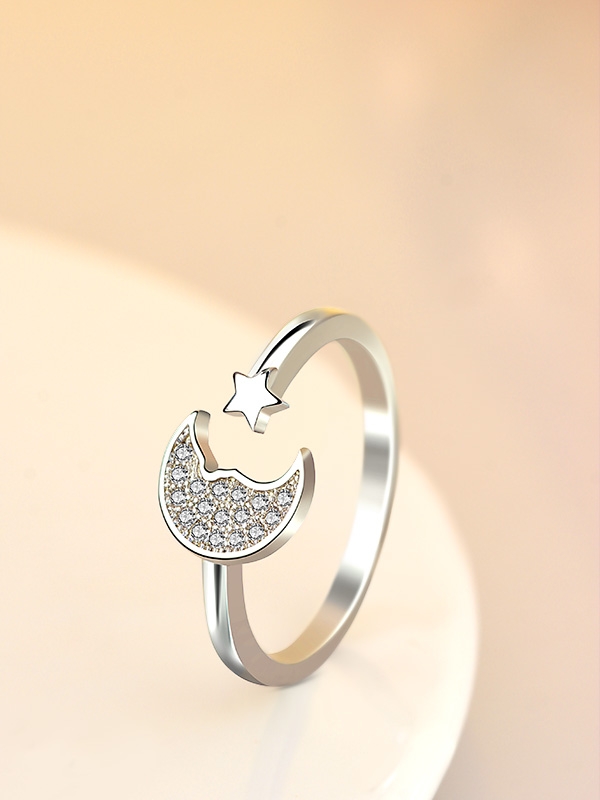 Stars and crescent moon adjustable ring in silver