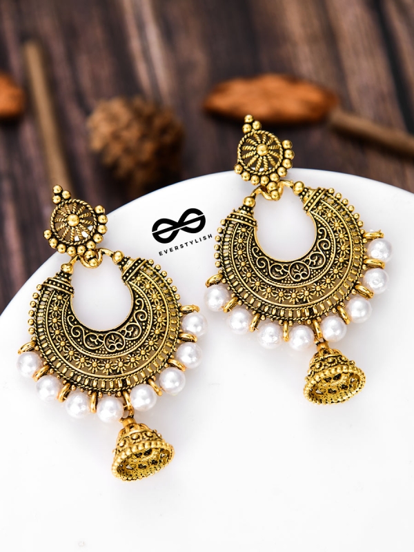 The Golden Motif Pearl Jhumkis - Oxidised Boho Earrings