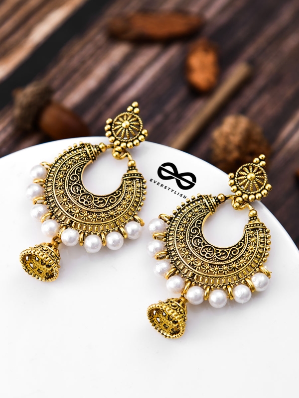 The Golden Motif Pearl Jhumkis - Oxidised Boho Earrings