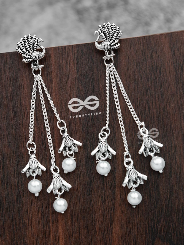 The Pristine Peacock Triple Pearl Jhumkis - Oxidised Boho Earrings