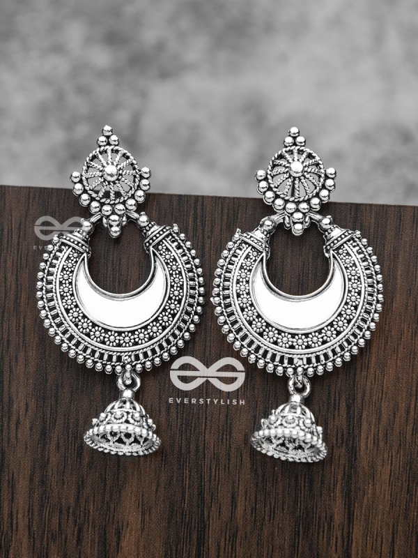 The Intricate Mirror Moon Jhumkis - Oxidised Boho Earrings