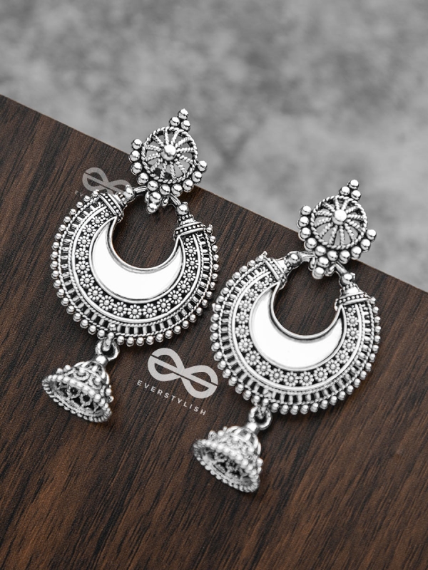 The Intricate Mirror Moon Jhumkis - Oxidised Boho Earrings