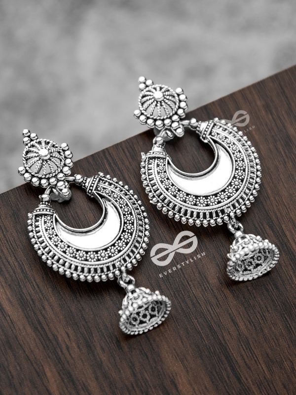 The Intricate Mirror Moon Jhumkis - Oxidised Boho Earrings