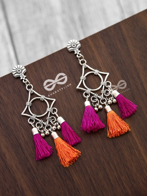 The Geometric Tasseled Elegance (Orange-Pink) - Casual Danglers