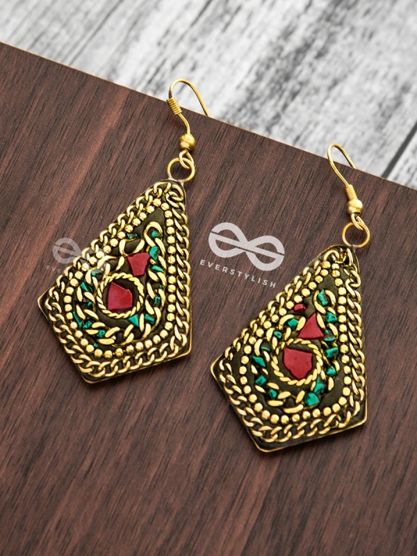 A Handcrafted Intricacy - Turquoise-Red Tribal Style Earrings