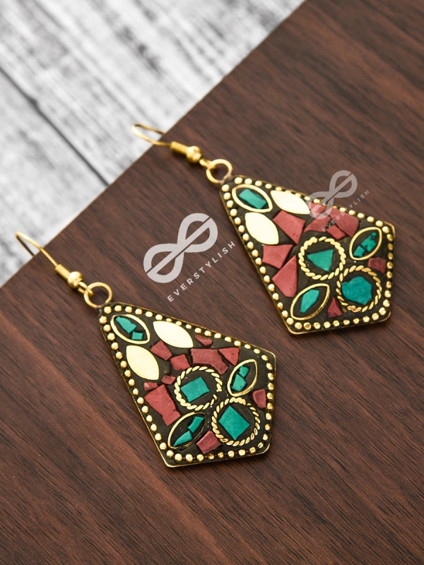 A Handcrafted Delight - Turquoise-Red Tribal Style Earrings