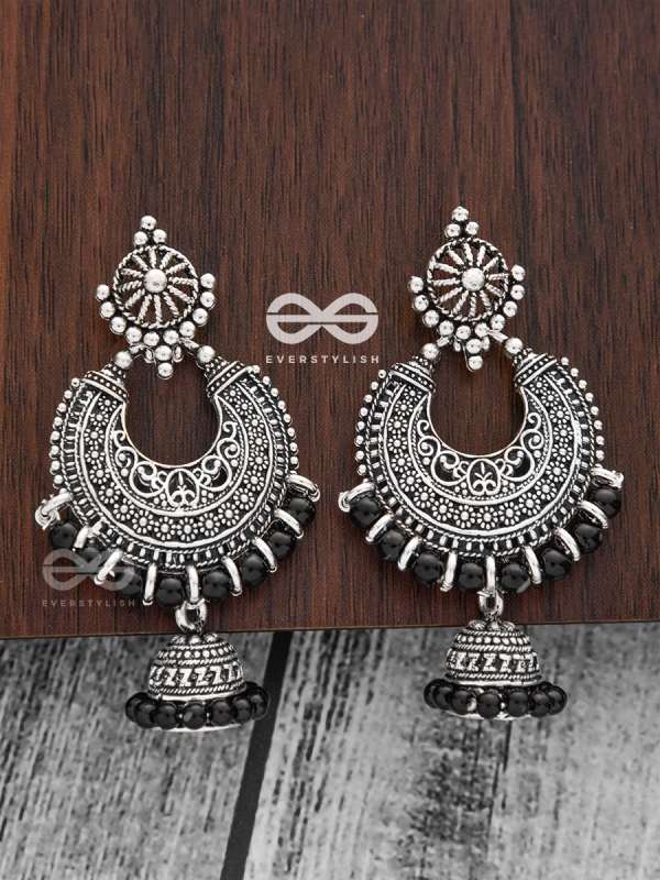 The Motif Moon Pearled Jhumkis(Silver-Black) - Oxidised Boho Earrings