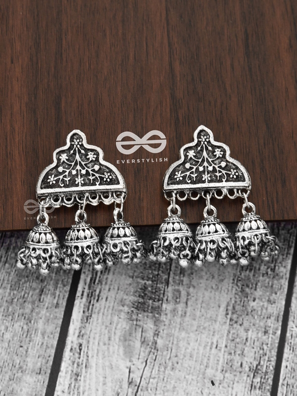 The Boho Delight - Triple Jhumki Studs - Oxidised Boho Earrings