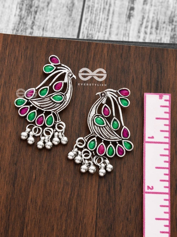 The Vintage Bird Artwork Studs(Ruby-Emerald) - Embellished Oxidised Collection