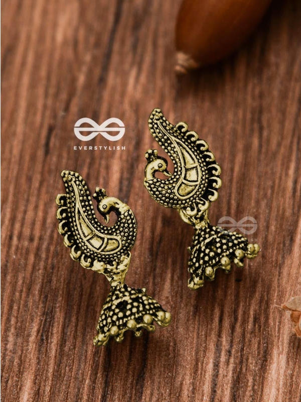 The Little Motif Peacock Jhumki (Golden) - Tiny Trinket Earrings