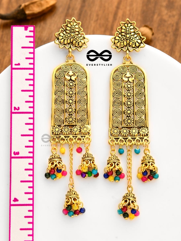 The Triple Jhumki Artistic Delight (Golden) - Oxidised Boho Earrings