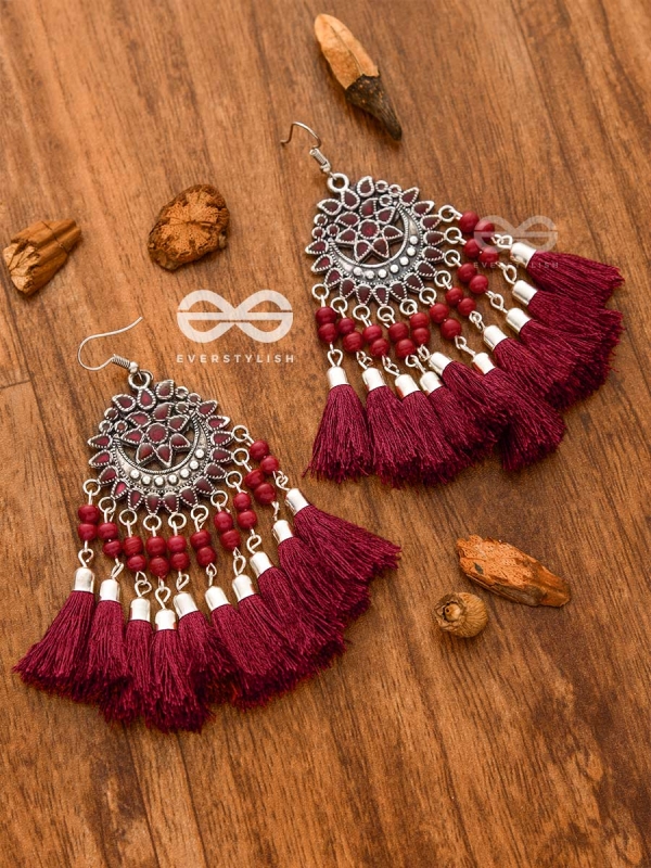The Enamelled Artwork Tassels (Burgundy) - Oxidised Boho Earrings