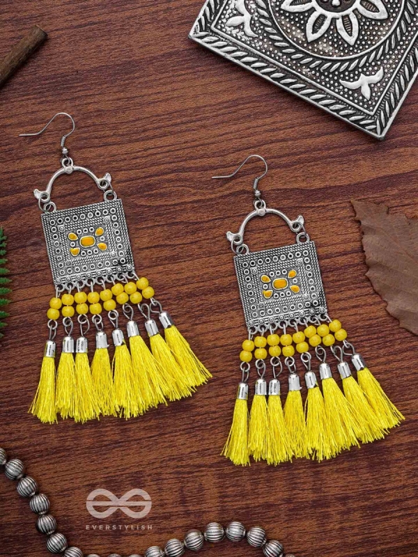 The Enamelled Tassel Squares(Bumblebee) - Oxidised Boho Earrings