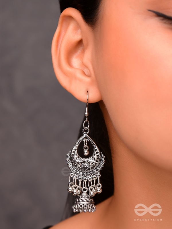 The Droplet Artwork Jhumkis - Oxidised Boho Earrings