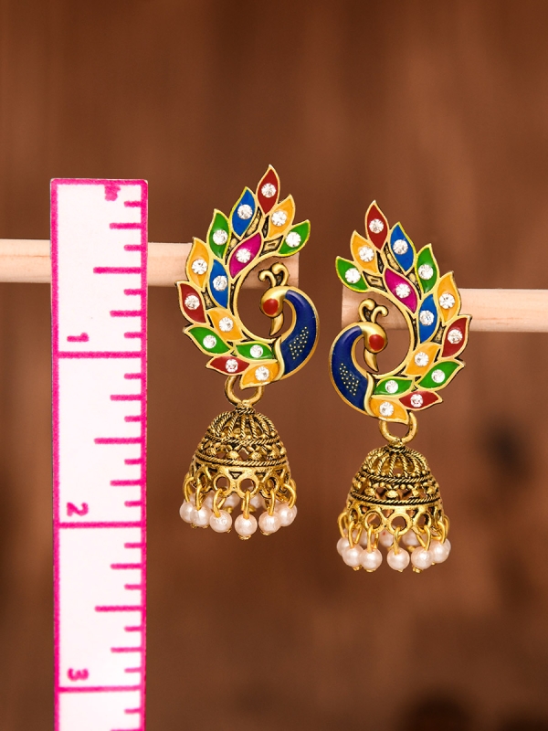 The Little Meenakari Artwork Peacock Jhumkis (Golden)