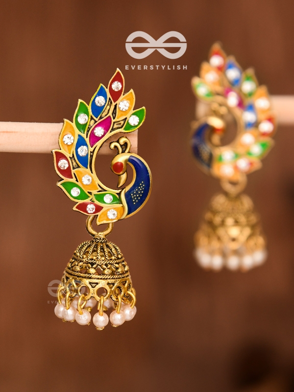 The Little Meenakari Artwork Peacock Jhumkis (Golden)