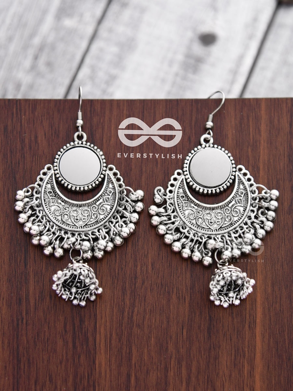 The Mirror Motif Jhumkis - Oxidised Boho Earrings