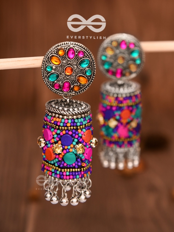 The Eye-Catching Statement Makers (Multicoloured) - Embellished Embroidered Jhumkas