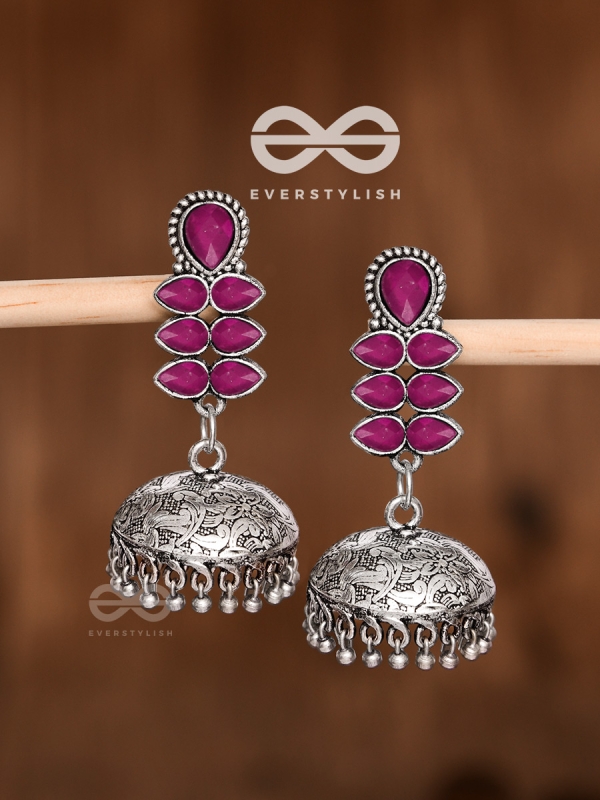 The Woman of Finesse - Embellished Oxidised Jhumkas (Ruby Red)