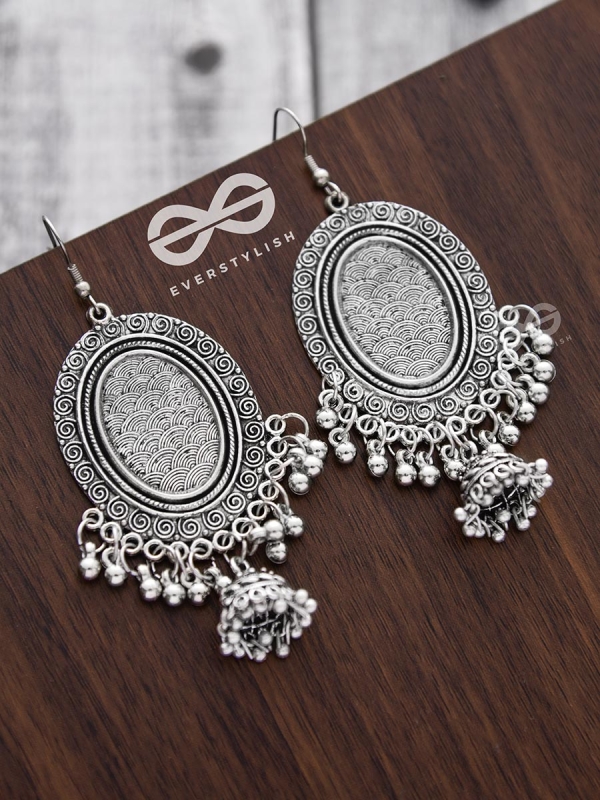 The Motif Mirror Frame Jhumkis - Oxidised Boho Earrings