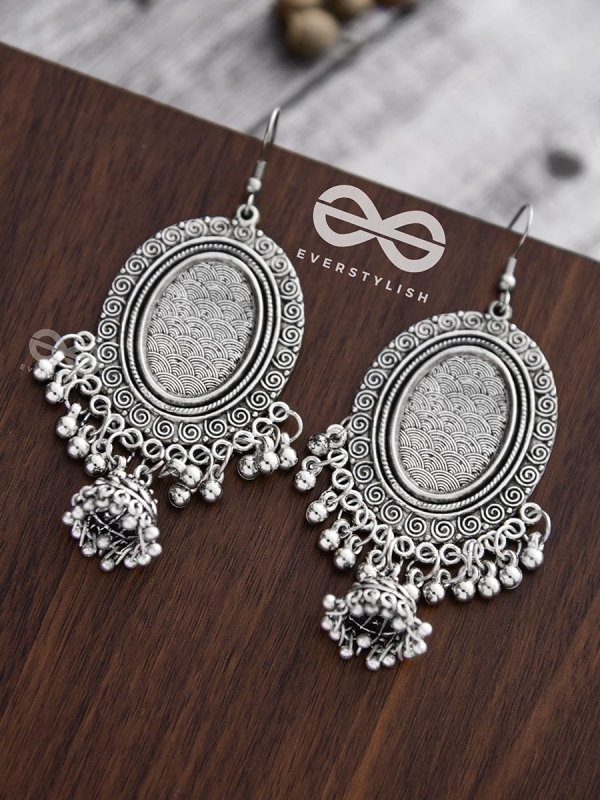The Motif Mirror Frame Jhumkis - Oxidised Boho Earrings