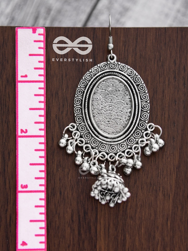 The Motif Mirror Frame Jhumkis - Oxidised Boho Earrings