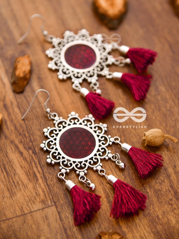 The Enamelled Tasselled Sun (Burgundy) - Oxidised Boho Earrings